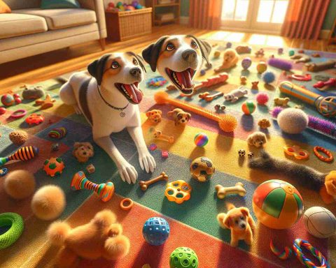 High definition and realistic portrayal of a variety of dog toys spread out on a colorful rug. The rug is set in a warm, sunny room with a large window. Fur toys, rubber toys, balls, and chew toys are some of the shown options. In the midst of these toys is a cheerfully wagging unknown breed dog, its eyes wide with anticipation and excitement as it tries to pick the best toy. The depictions should radiate a sense of warm indoor lighting and vibrant colors that feel inviting and match a lovable canine's playful energy.