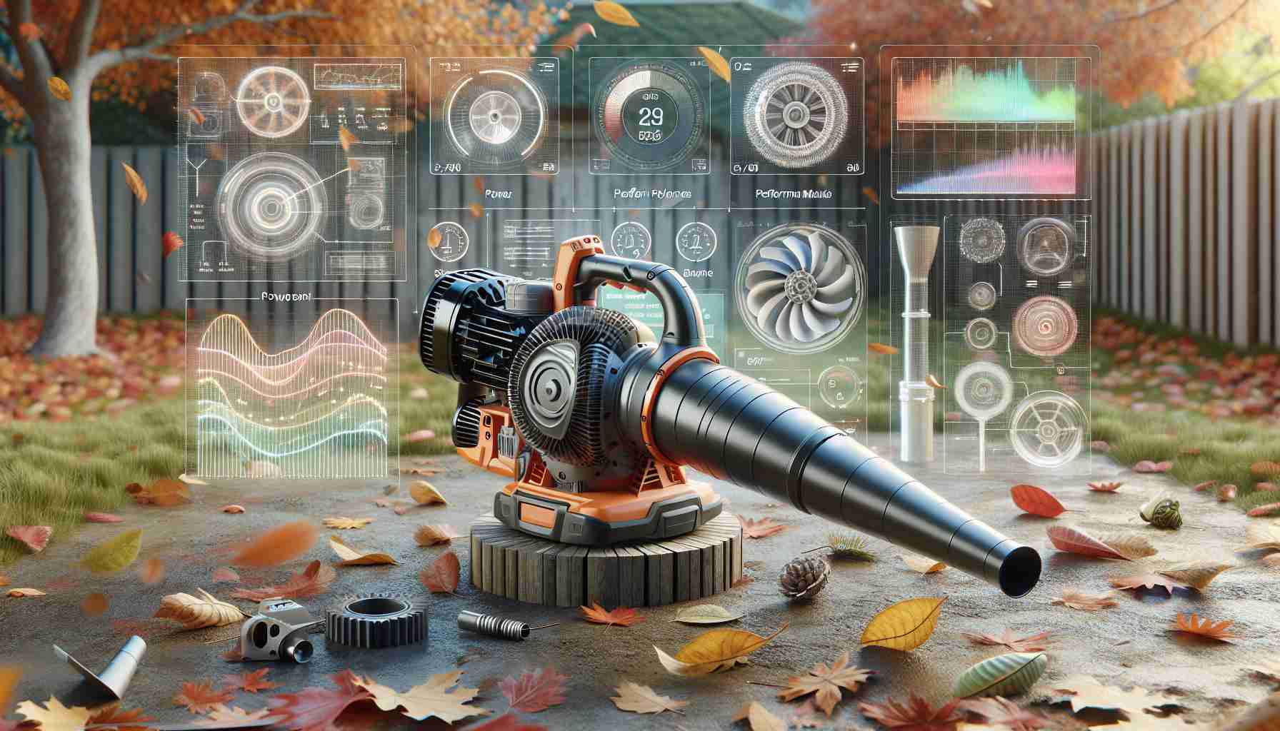 Generate a high-definition, realistic image representing the scientific exploration of leaf blower performance. The scene includes an outdoor setting with an array of autumn leaves on the ground. In the foreground, there's a detailed examination of a leaf blower, showing its key components such as the motor, fan blades, and nozzle. There's a series of flow charts and graphs nearby, illustrating the power, speed, air volume, and other performance metrics. The atmosphere is reminiscent of an ongoing scientific experiment analyzing the leaf blower's capabilities in controlling yard debris.