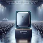 Create a realistic, high-definition image showcasing the launch of a generic third-generation 3D processor. The scene should depict a grand event with a large crowd and technology enthusiasts. The processor should be the main focus, standing on a modern display stand, with a sleek, metallic finish, oversized relative to its real-world size for emphasis. Include detailed inscriptions of tech specifications on its surface. The atmosphere should be filled with anticipation and excitement.