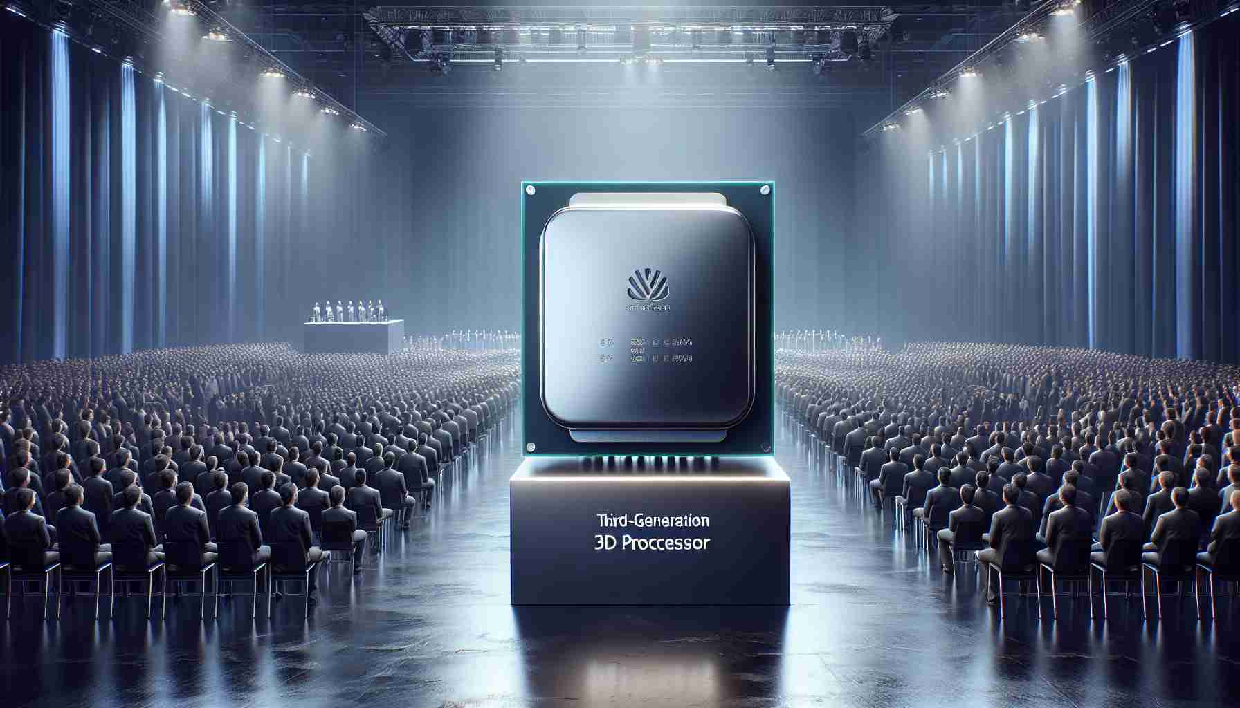 Create a realistic, high-definition image showcasing the launch of a generic third-generation 3D processor. The scene should depict a grand event with a large crowd and technology enthusiasts. The processor should be the main focus, standing on a modern display stand, with a sleek, metallic finish, oversized relative to its real-world size for emphasis. Include detailed inscriptions of tech specifications on its surface. The atmosphere should be filled with anticipation and excitement.