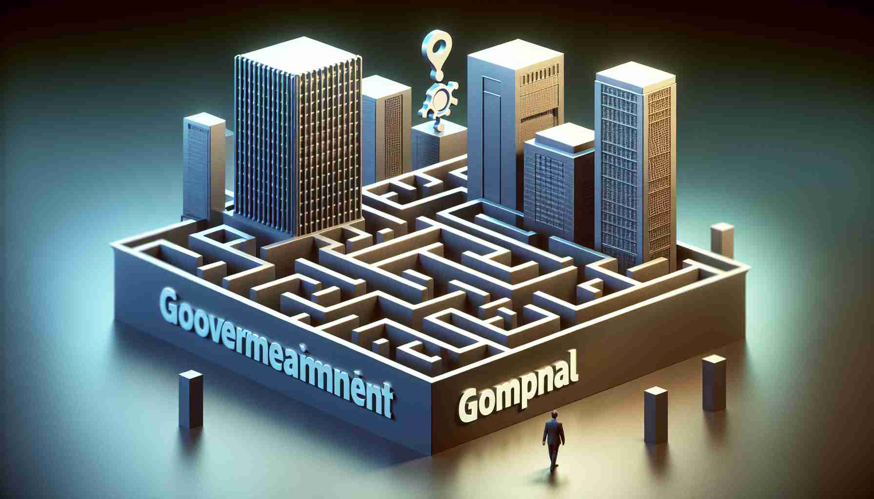 High definition, realistic image of a symbolic representation of a government's effort to challenge a tech giant's dominance in search engine technologies and artificial intelligence. Perhaps this can be embodied by a maze with several paths, representing different technological advances such as AI, and large, looming corporate buildings. At the entrance of the maze stands a figure symbolizing the government, preparing to trace the paths. No specific government or corporation should be clearly identifiable.