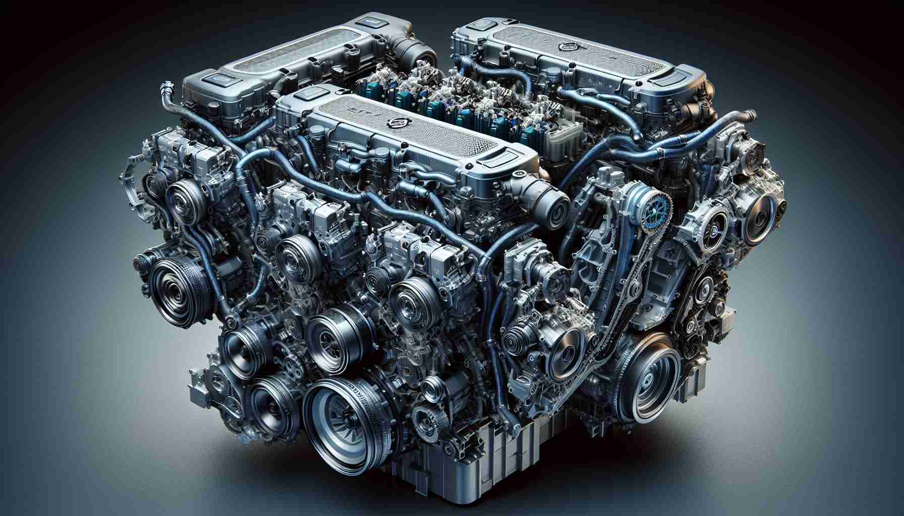 A highly detailed, realistic depiction of the evolution of Nissan's V6 Engine Technology. Show the advancement over the years, with different stages of development and upgrades being visible. Highlight the progression from the initial models to the latest innovations. The engines should be sectioned off, each part well-defined, with a clear focus on technological improvements and enhancements.