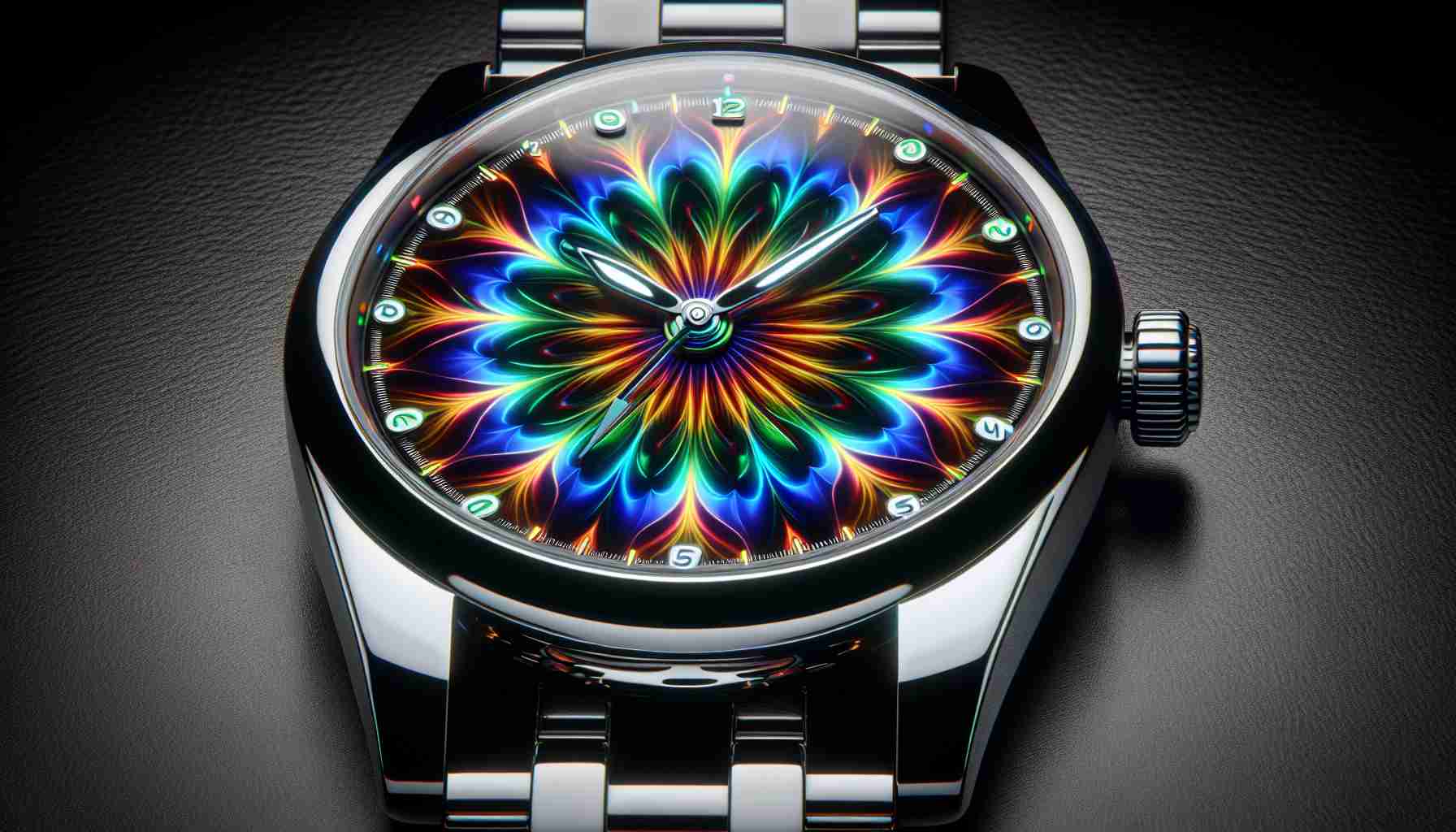 An ultra high-definition image of a Series 10 watch face depicting an unexpected coloration, possibly due to an optical illusion or unique light reflection. The colors on the dial bear the peculiarity, glowing brightly against the sleek material of the watch. The hour, minute, and second hands are meticulously designed. The watch straps are glossy and elegant.