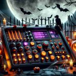 A high-definition, photorealistic image of a spooky, Halloween-themed soundscape. Visualize this as a technologically advanced control panel with various buttons and dials. Each button and dial is associated with a different scary sound, like creaking doors, eerie wind, and ghostly whispers. The control panel is bathed in a menacing orange light, reminiscent of a jack-o'-lantern's glow. Cobwebs and miniature Halloween decorations, such as plastic bats and fake spiders, adorn the panel. The scene is set against a backdrop of a dark, ominous night, with a full moon hanging in the sky. Incorporate the colors and aesthetics associated with Halloween: black, orange, and purple.