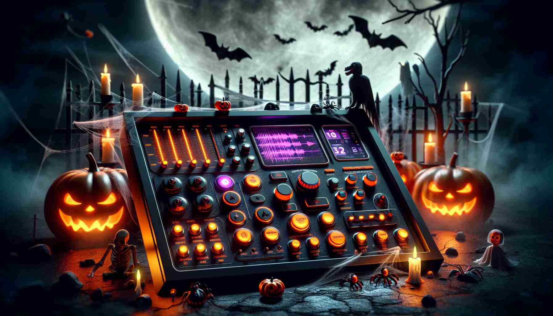 A high-definition, photorealistic image of a spooky, Halloween-themed soundscape. Visualize this as a technologically advanced control panel with various buttons and dials. Each button and dial is associated with a different scary sound, like creaking doors, eerie wind, and ghostly whispers. The control panel is bathed in a menacing orange light, reminiscent of a jack-o'-lantern's glow. Cobwebs and miniature Halloween decorations, such as plastic bats and fake spiders, adorn the panel. The scene is set against a backdrop of a dark, ominous night, with a full moon hanging in the sky. Incorporate the colors and aesthetics associated with Halloween: black, orange, and purple.