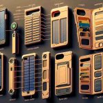 An assortment of smartphone cases in ultra high definition, each described with its innovative features. One case has an integrated solar panel for charging the device. Another case doubles as a minimalistic wallet, with slots for cards or cash. A third case has a built-in retractable selfie stick. The last case changes its color based on the temperature. Each case is visually distinct, both in design and composition, signifying their unique attributes.