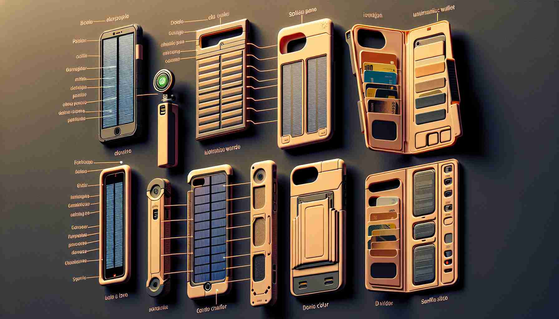 An assortment of smartphone cases in ultra high definition, each described with its innovative features. One case has an integrated solar panel for charging the device. Another case doubles as a minimalistic wallet, with slots for cards or cash. A third case has a built-in retractable selfie stick. The last case changes its color based on the temperature. Each case is visually distinct, both in design and composition, signifying their unique attributes.