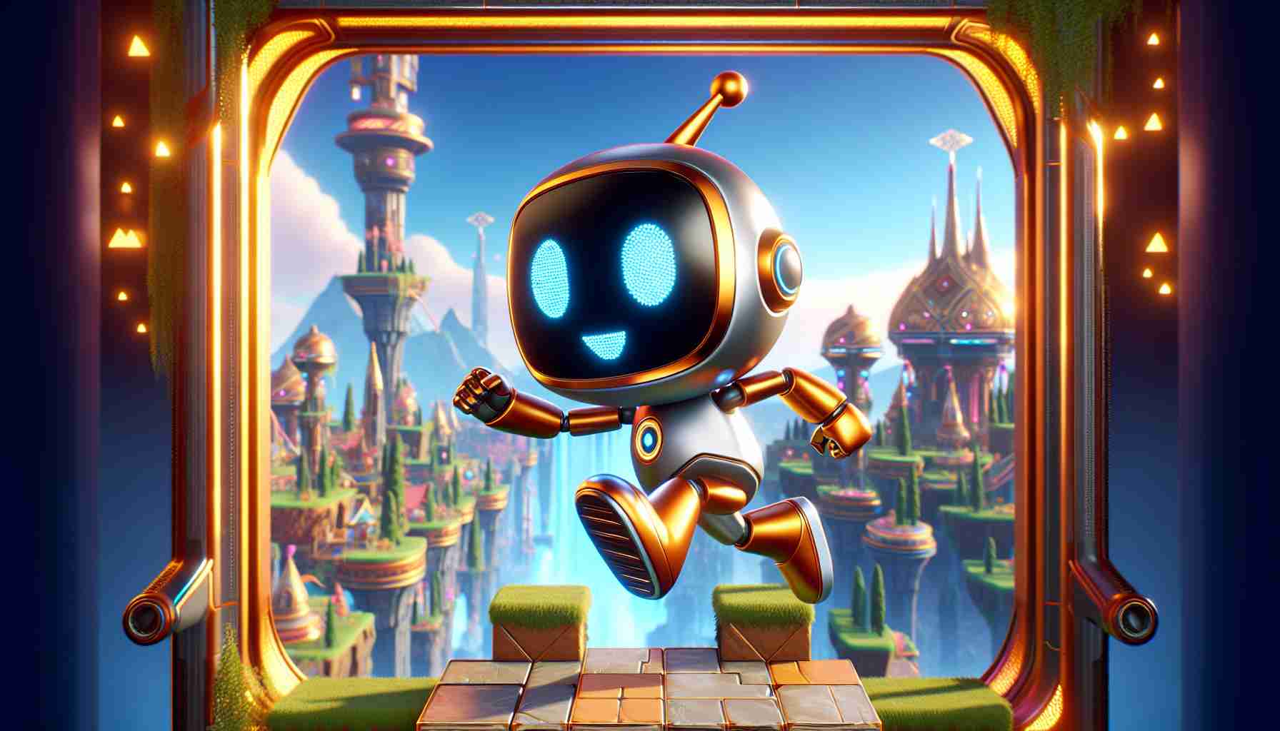 An image capturing the excitement of a platform game. There is a cheerful robot character, shiny in appearance, which stands out against the high definition visual backdrop. The game world is immersive with outstanding depth and clarity, demonstrating the power of next-gen gaming console. The robot has a stylish, futuristic look with rounded edges and vibrant colors. It dances happily in a world filled with fantastic architecture, looming platforms, and vibrant scenery.