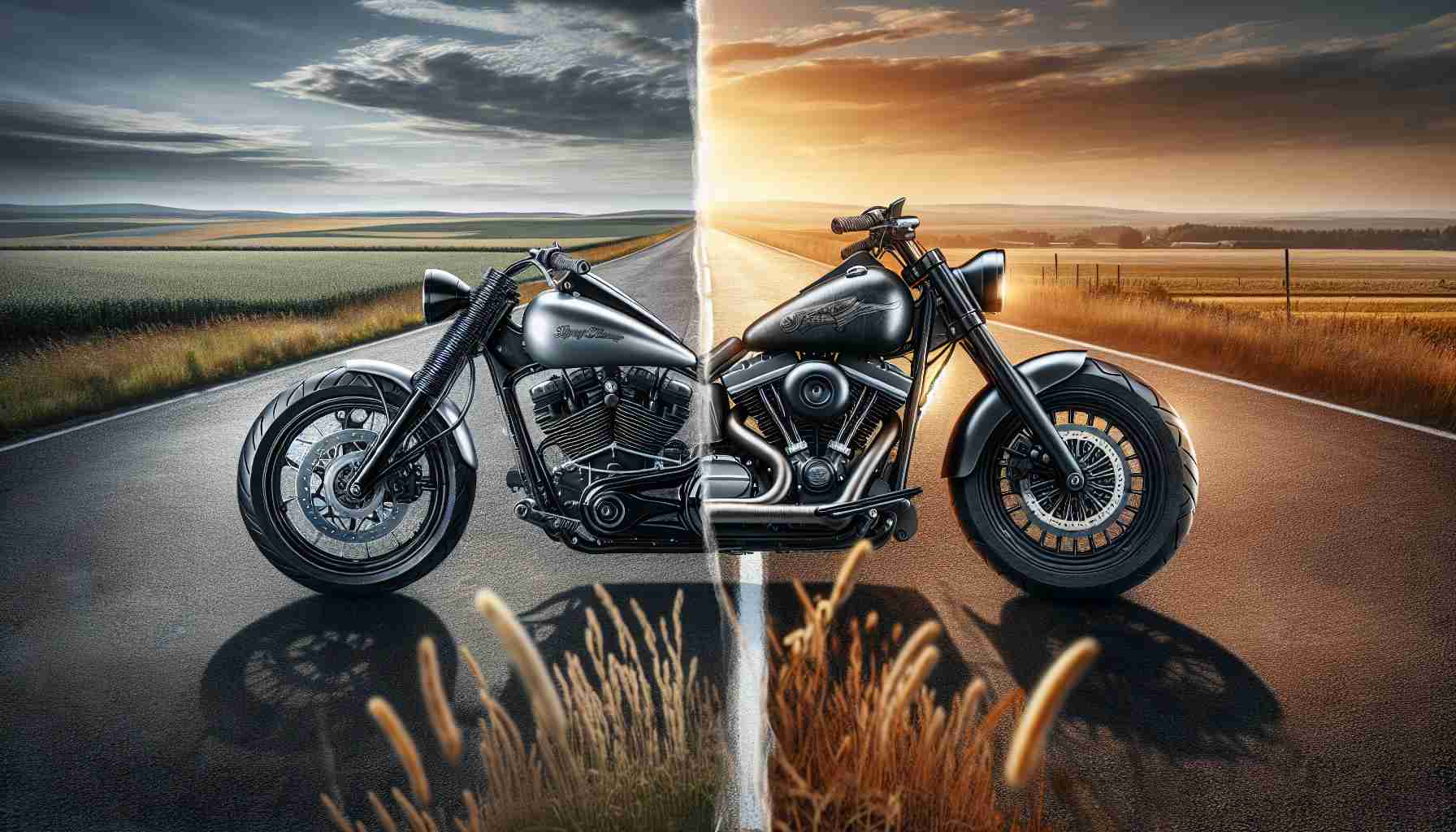 Create a highly detailed image depicting the rivalry of motorbike brands, with the focus being on two motorbikes that can be seen as rivals to Harley-Davidson. One should have a sleek, modern design with a polished silver finish, while the other should be a classic bike with a rugged, timeless appeal in matte black. The backdrop should be a picturesque open road, providing a wonderful contrast to the motorcycles.