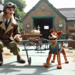 Create a high-definition realistic image showcasing the return of a charismatic man in vintage aviation attire and a thoughtfully-constructed canine mechanical companion. They are embarking on a new adventure, filled with anticipation and excitement. The scene is set in a typical British suburban neighborhood, with a Workshop visible in the background. Note: respect the claymation texture of the characters and the surroundings, giving it an authentic stop-motion animation feel, reflective of the nostalgic charm of early British animation.