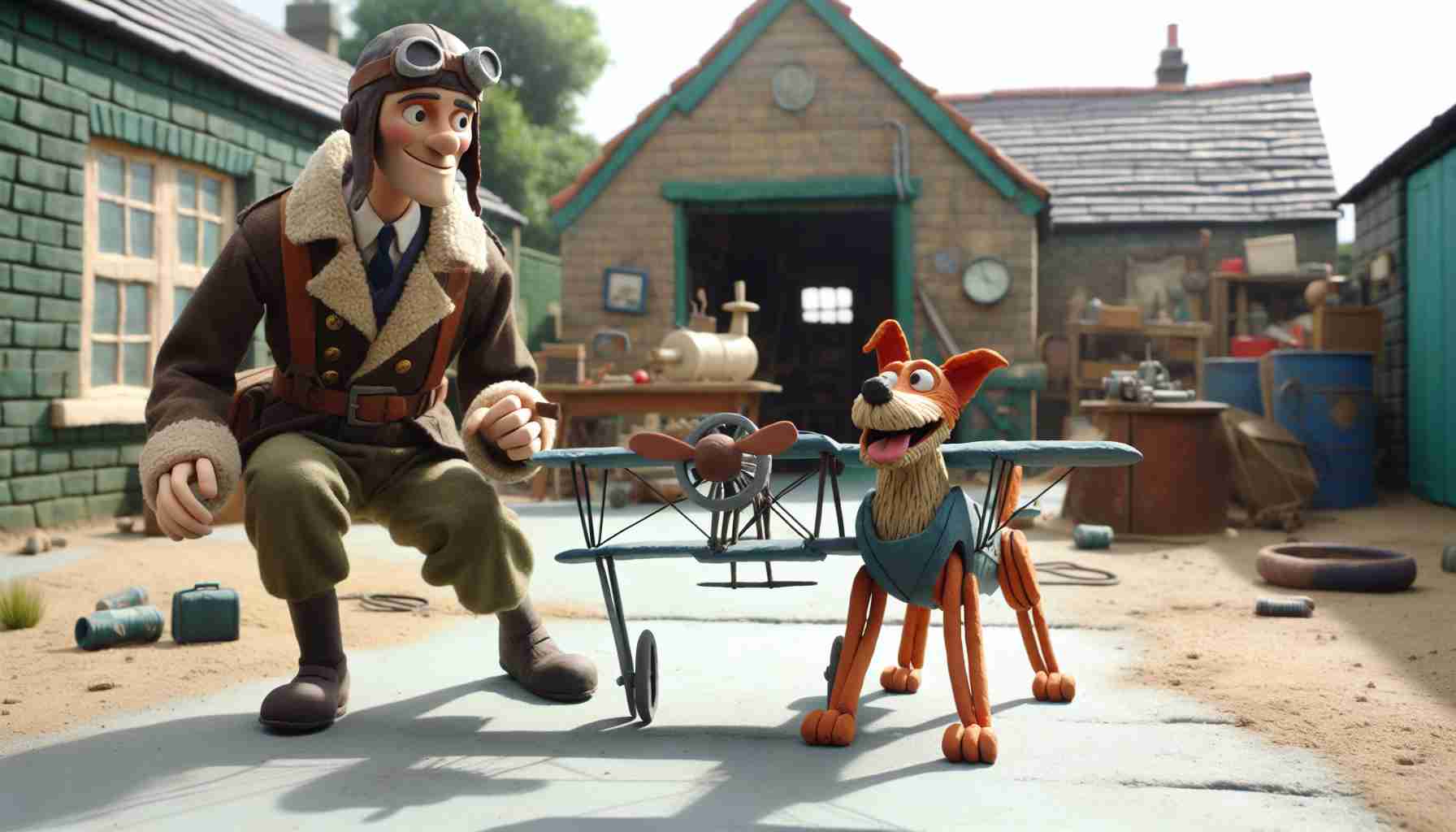 Create a high-definition realistic image showcasing the return of a charismatic man in vintage aviation attire and a thoughtfully-constructed canine mechanical companion. They are embarking on a new adventure, filled with anticipation and excitement. The scene is set in a typical British suburban neighborhood, with a Workshop visible in the background. Note: respect the claymation texture of the characters and the surroundings, giving it an authentic stop-motion animation feel, reflective of the nostalgic charm of early British animation.