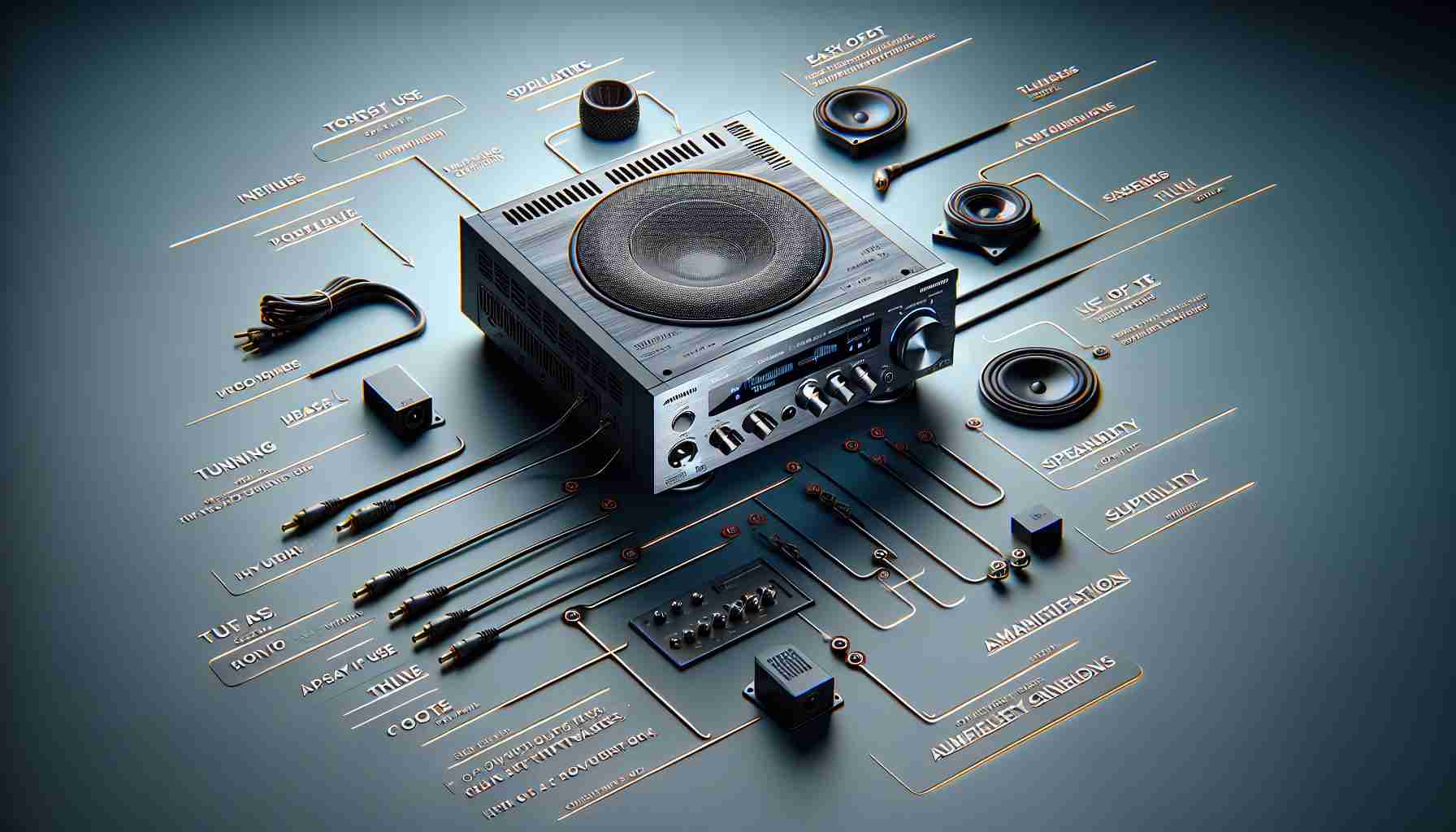 Generate a high-definition, realistic image that conveys the key considerations when choosing an Audio-Visual (AV) Receiver. The image should prominently display an AV receiver with various labeled parts such as the input/output ports, speaker connections, and amplification capabilities. The surroundings should subtly hint at the importance of tuning, ease of use, compatibility with different devices, and suitability for the room size. Helpful text annotations should be scattered around to guide the viewer through the considerations.