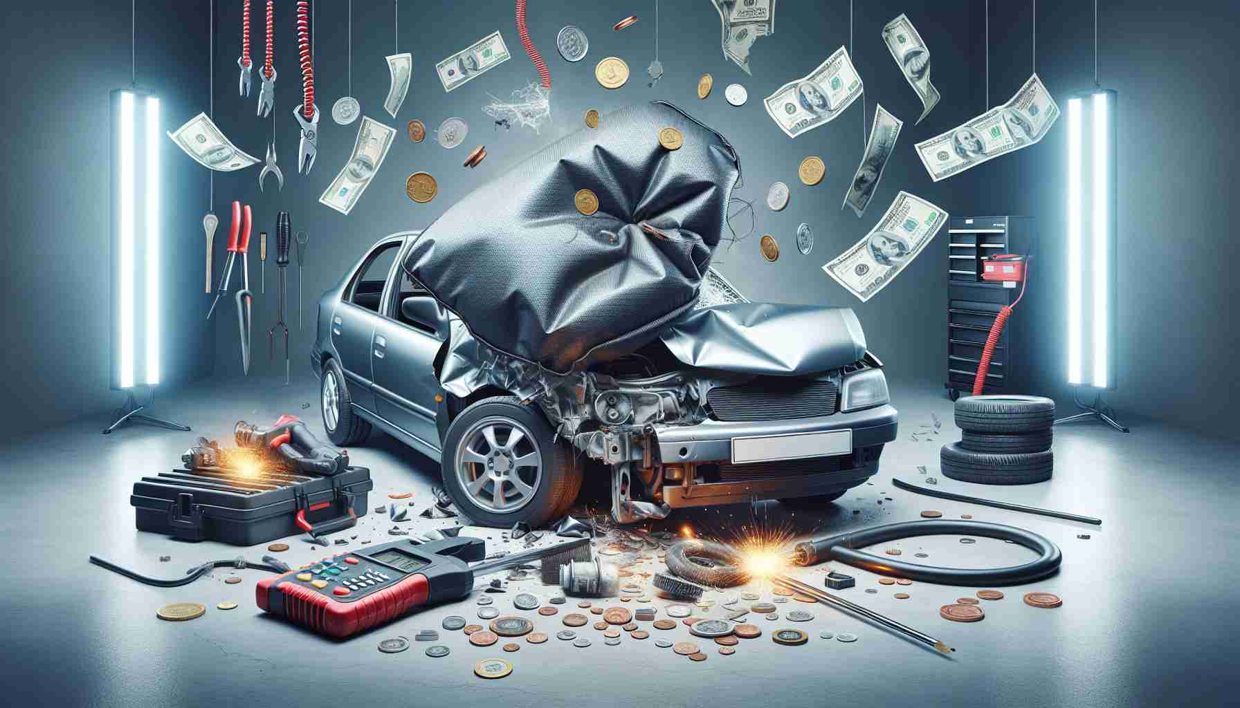 A realistic, high-definition image that encapsulates the concept of the costs associated with replacing an airbag after a car accident. The image may feature a damaged vehicle with an exploded airbag, alongside visual depictions of bills, coins, or other symbols of expense. It could also include tools used in airbag replacement and an automobile repair shop setting to provide a full scope of the process. The scene should convey both the technical aspects of the replacement and the financial implications in a balanced manner.