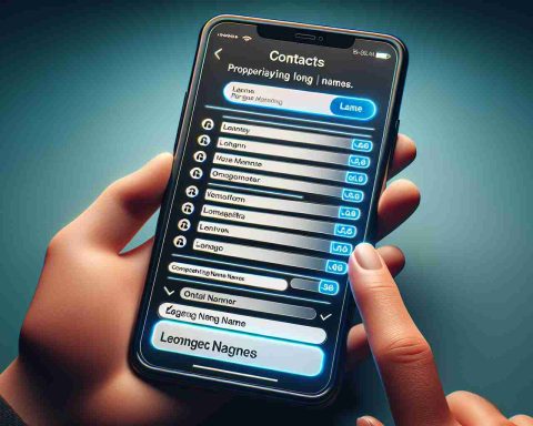 A high definition, photorealistic image of a user interface update for a contact management application showcasing the feature of properly displaying long names. The screen captures an updated contacts list with elongated name fields to accommodate longer entries, emphasizing the enhanced readability and user friendliness of the design.