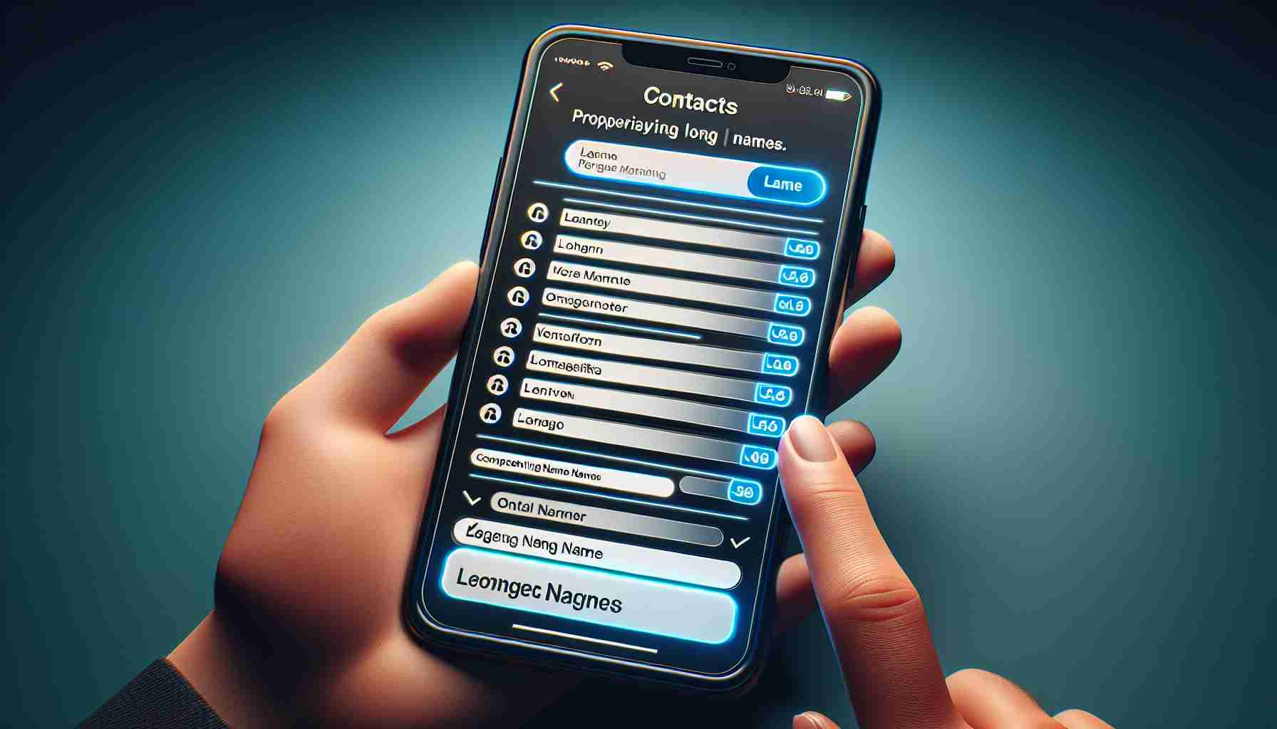 A high definition, photorealistic image of a user interface update for a contact management application showcasing the feature of properly displaying long names. The screen captures an updated contacts list with elongated name fields to accommodate longer entries, emphasizing the enhanced readability and user friendliness of the design.