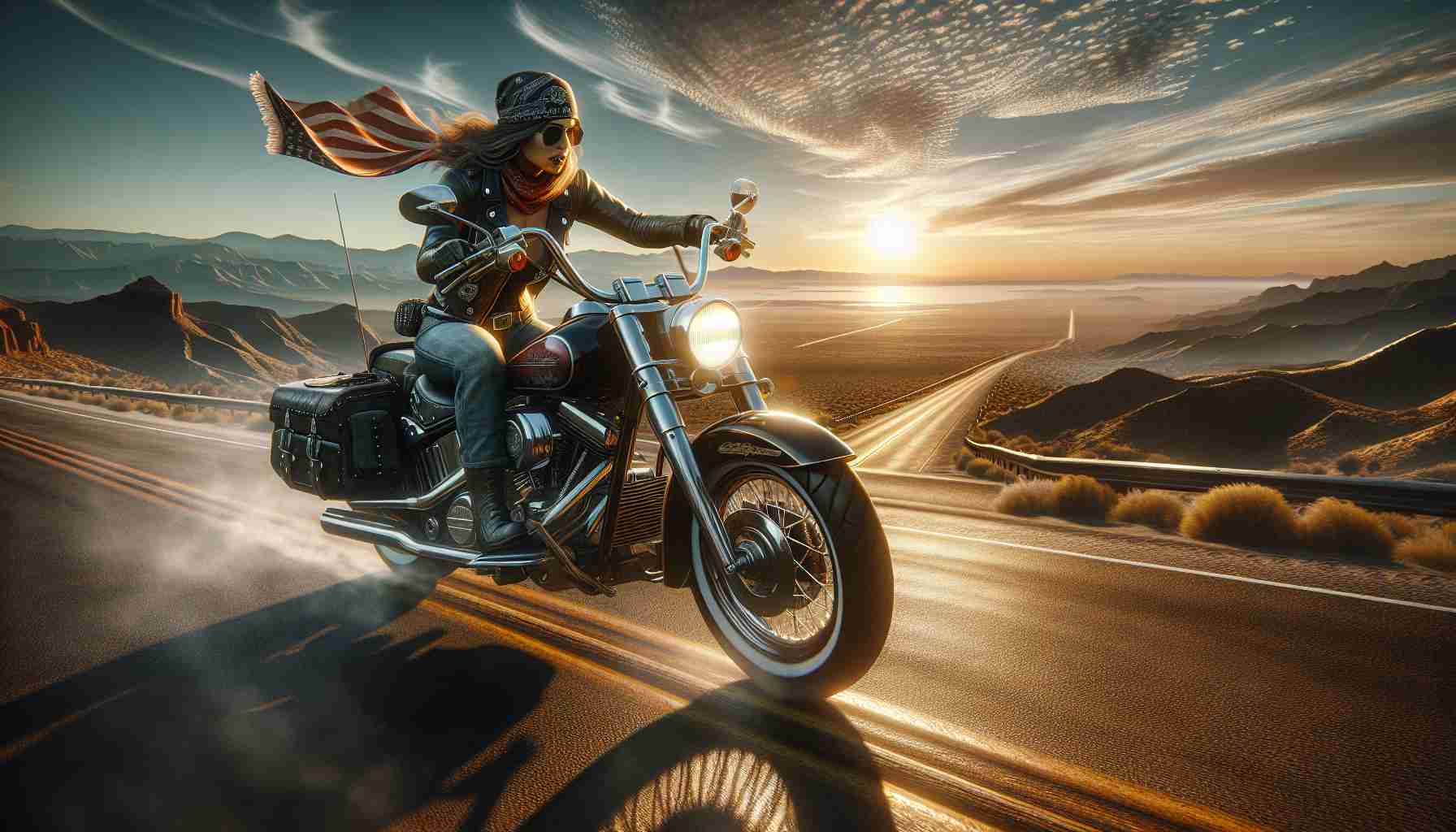 A high-definition, realistic image capturing the essence of the open road. The horizon unfolds before the rider; the vast panorama of varying landscapes, from towering mountains to ever-stretching plains, visible in the distance. The rider, a middle-eastern woman in her biker gear, is atop a classic cruiser motorcycle, styled to resemble some of the iconic designs of the past century. Her expression communicates a rush of adrenaline, a sense of freedom that is synonymous with the experience of riding on the open road. The sun is setting, casting long shadows and illuminating the scene with a golden hue.