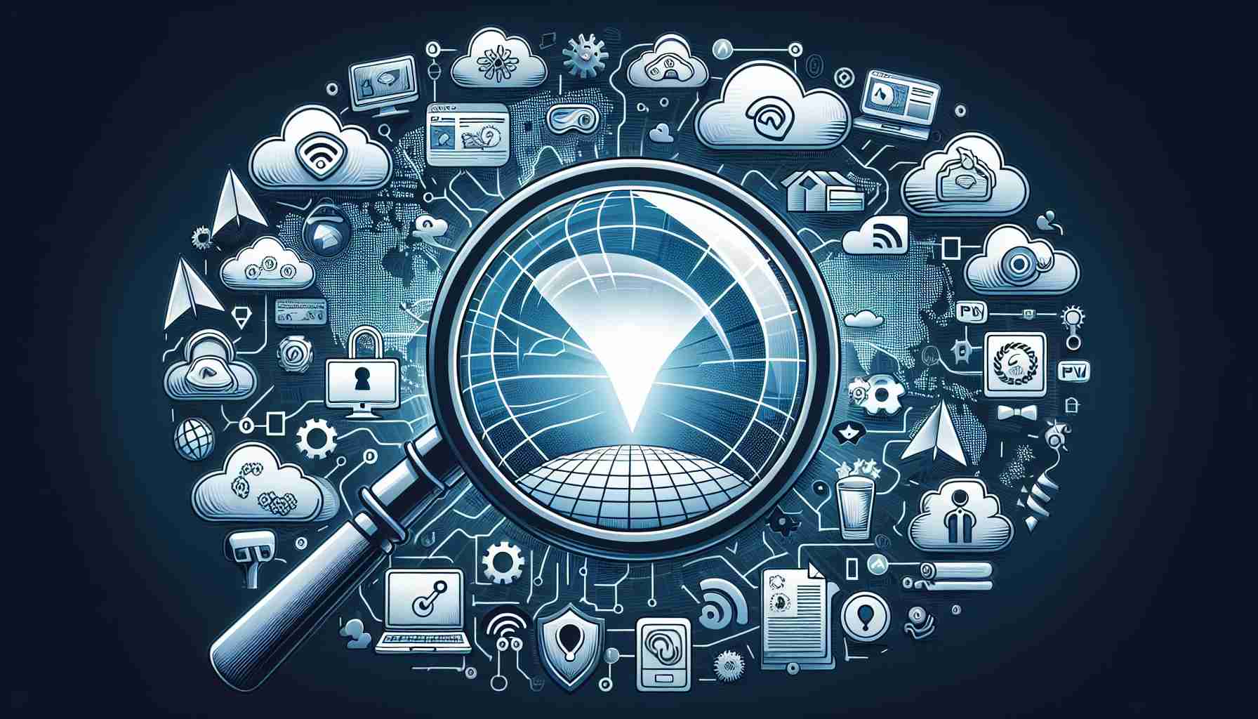 A detailed image illustrating the concept of options for using a VPN for streaming and privacy. This could feature a virtual landscape representing the internet with various icons for different VPN services, each designed in a simplistic, representative manner that does not infringe on any company's trademark or logo. Some icons could be shown in a streaming context while others in a privacy context. Perhaps a searchlight could symbolize the exploration aspect, reflecting upon different VPN options.