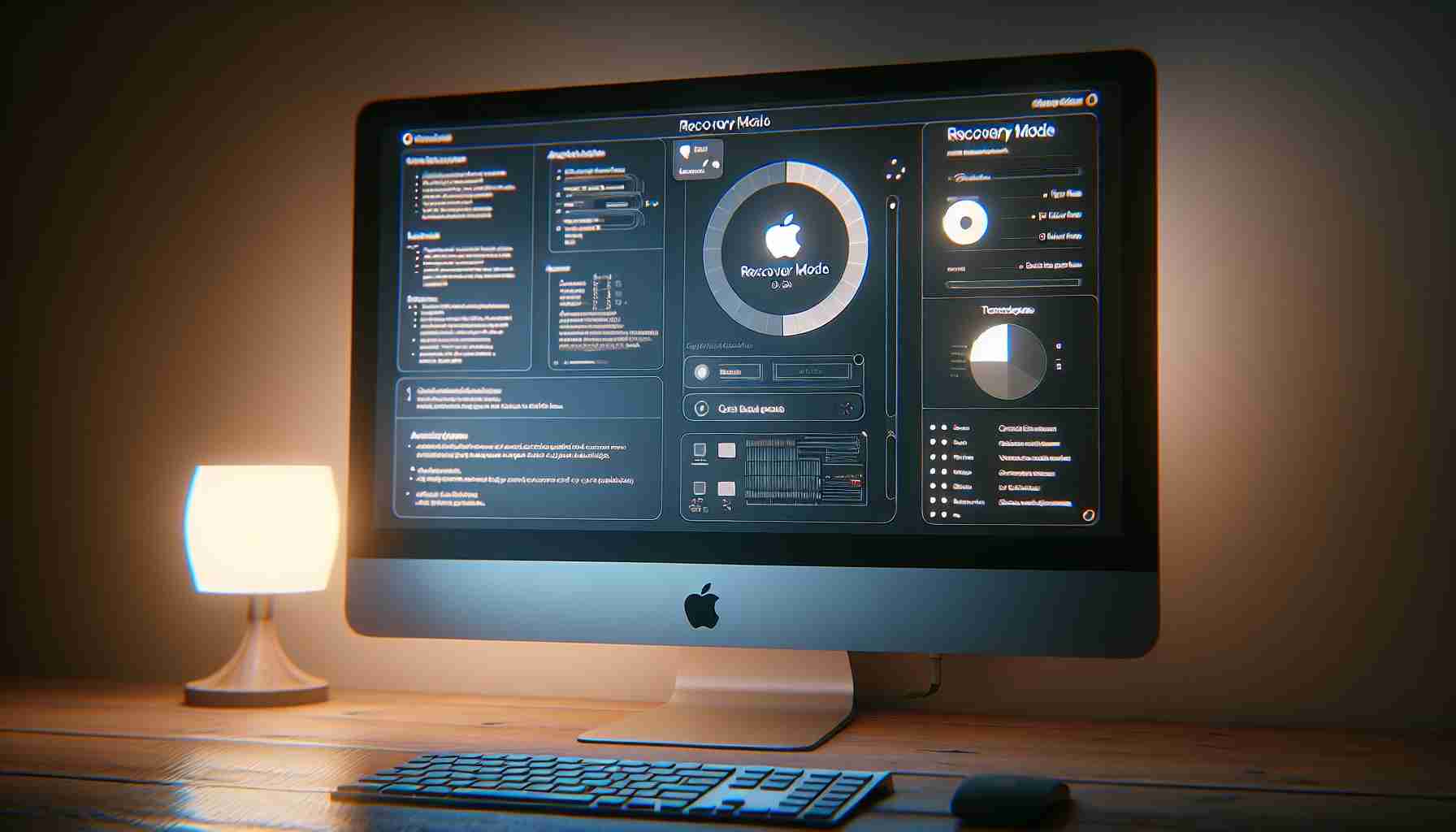 Realistic HD image of a computer screen displaying the troubleshooting steps for accessing the Recovery Mode on a Macintosh system. The screen should show an Apple logo, various menus, and relevant instructions on the screen. The atmosphere is calm, with a clear focus on the details of the information presented. The room lighting gently reflects on the screen, giving the image an authentic feel.