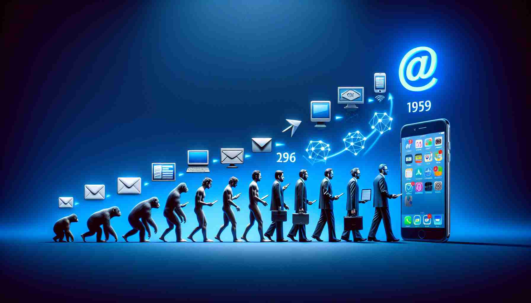 Create a realistic, high-definition image representing the evolution of email clients. From old-school desktop-based mail clients, transition into webmail systems and then to the modern sleek, smartphone apps. Show a timeline with significant software symbols, reminiscent of the mail clients, getting progressively modern. Ensure that a sense of passing time is conveyed with elements growing in sophistication. This image should not include any brand names or logos.