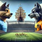 A high-definition, realistic illustration of a crucial football match in the Premier League. The two teams facing off are represented by symbolic mascots—a ship, representing Manchester City, and a wolf, signifying Wolverhampton. The tension and competitive atmosphere of the match are palpable in the scene. The packed stadium in the background buzzes with anticipation, the intense expressions on the faces of the mascots reflecting the high stakes of the game.