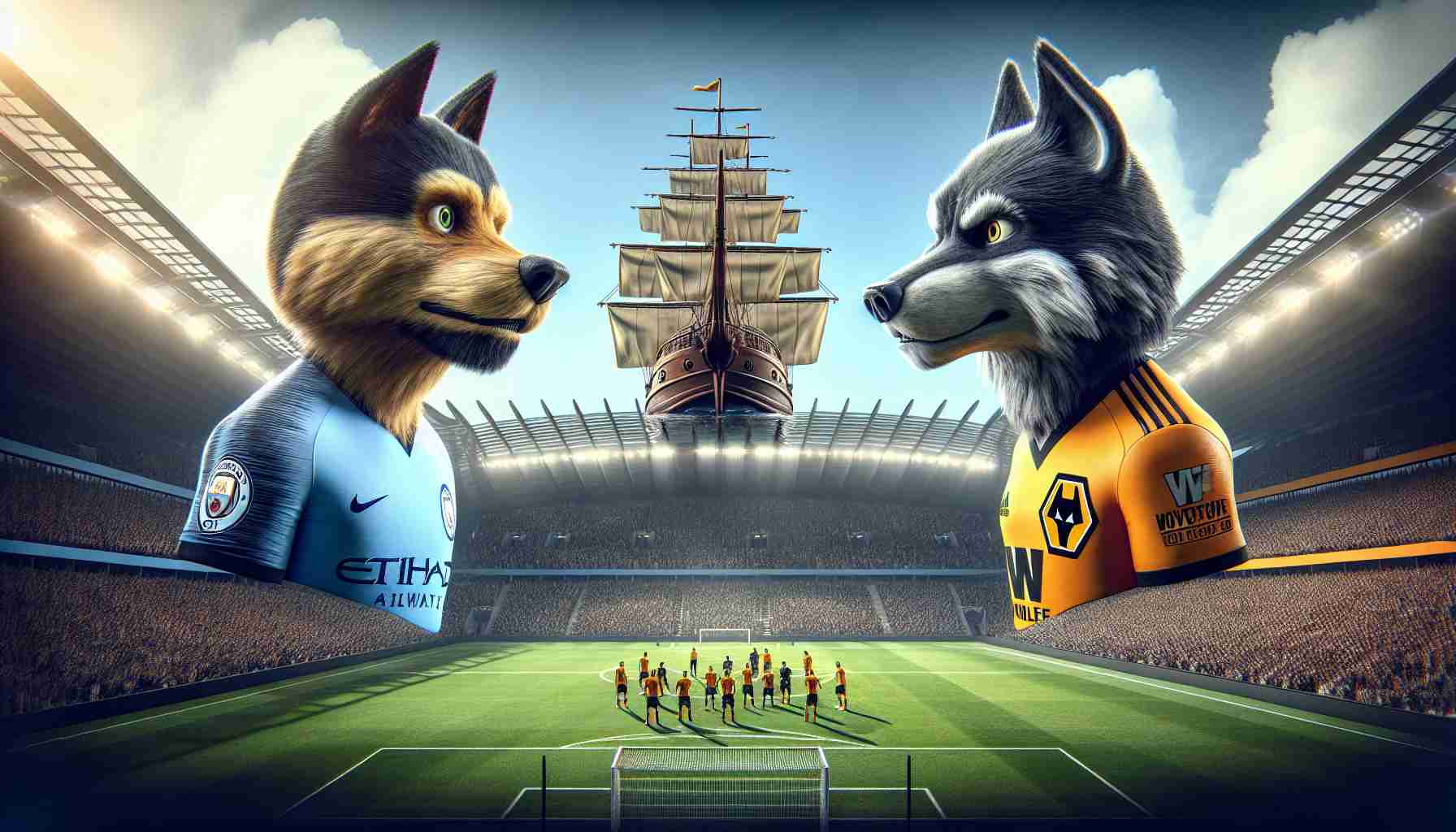 A high-definition, realistic illustration of a crucial football match in the Premier League. The two teams facing off are represented by symbolic mascots—a ship, representing Manchester City, and a wolf, signifying Wolverhampton. The tension and competitive atmosphere of the match are palpable in the scene. The packed stadium in the background buzzes with anticipation, the intense expressions on the faces of the mascots reflecting the high stakes of the game.