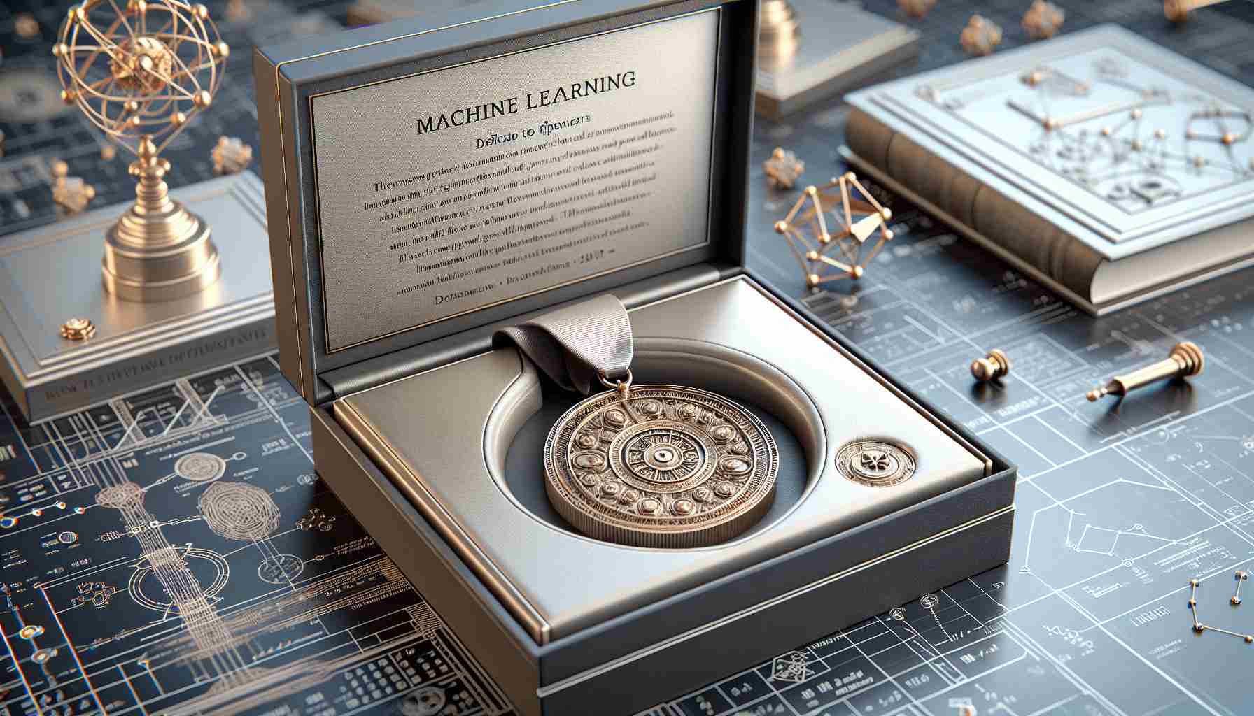 A high-definition, photorealistic image of a symbolic award honoring pioneers in the field of Machine Learning. This award should take the form of a prestigious medal, showcasing intricate designs related to the field of study. It should be encased in a luxurious box with a plaque stating its dedication to machine learning innovators. The surroundings should be a scholarly ambience with elements representing physics and computation.