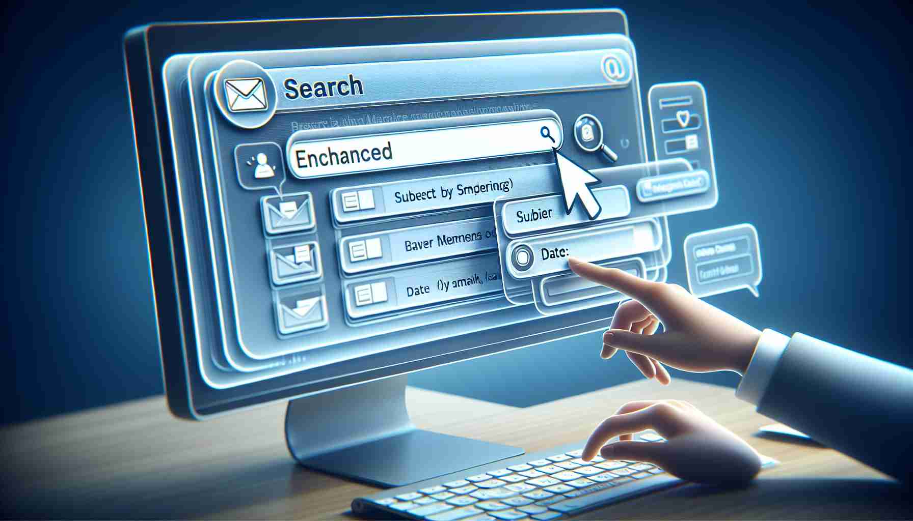 An illustrative, high definition image of an email interface on a computer screen, showcasing an enhanced search feature. The interface has a neatly organized inbox with a prominent, easy-to-locate search bar. When interacted with, the search bar offers various options such as filtering by subject, sender, or date, each demonstrated through suggestive icons and tooltips. The search bar is actively engaged in this scene, indicating a typing cursor and recently typed keywords.