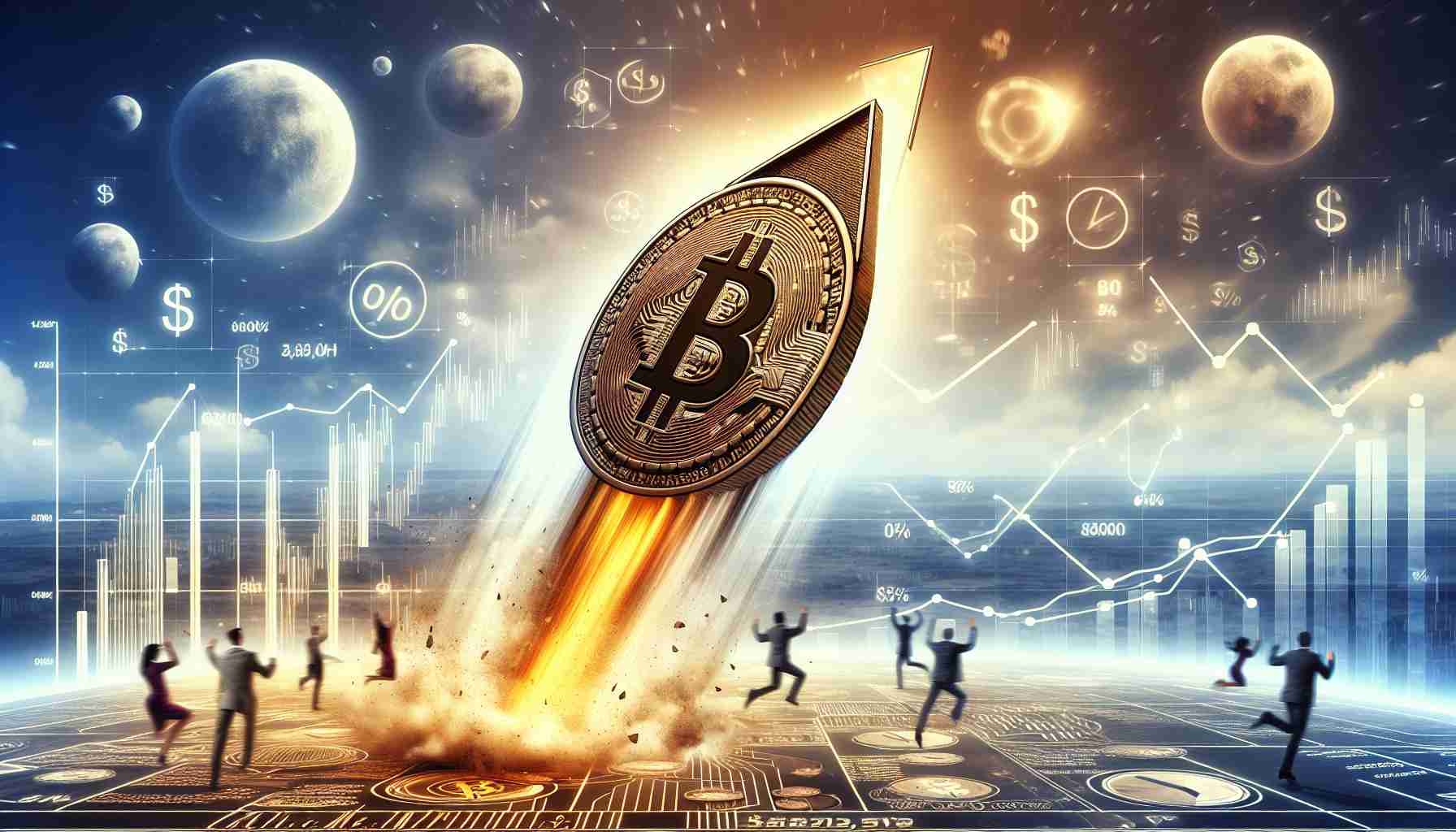 An HD, ultra-realistic depiction of a symbolic Bitcoin rocketing upwards to illustrate its rapid ascent. The background should reflect the excitement and movement happening in the market, with people celebrating and cheering. The ground could be covered by a graph or chart detailing the upward trend of Bitcoin's value, while the sky could be filled with stylized finance-related symbols, such as dollar signs and percentage signs. Each detail should underscore the sense of fervor and anticipation enveloping the current cryptocurrency scene.