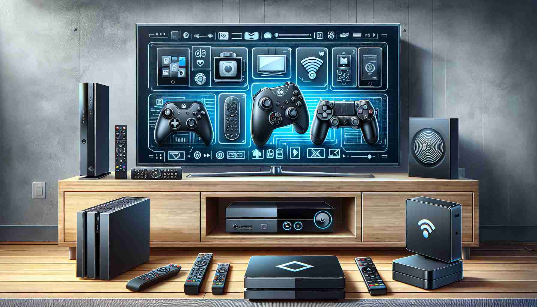 High definition realistic illustration of top digital streaming devices which can enhance your entertainment experience. The image should include a variety of devices such as a smart media player, a game console, a compact plug-in device, and an advanced TV box, all laid out on a modern living room setting beside a large flat-screen television.