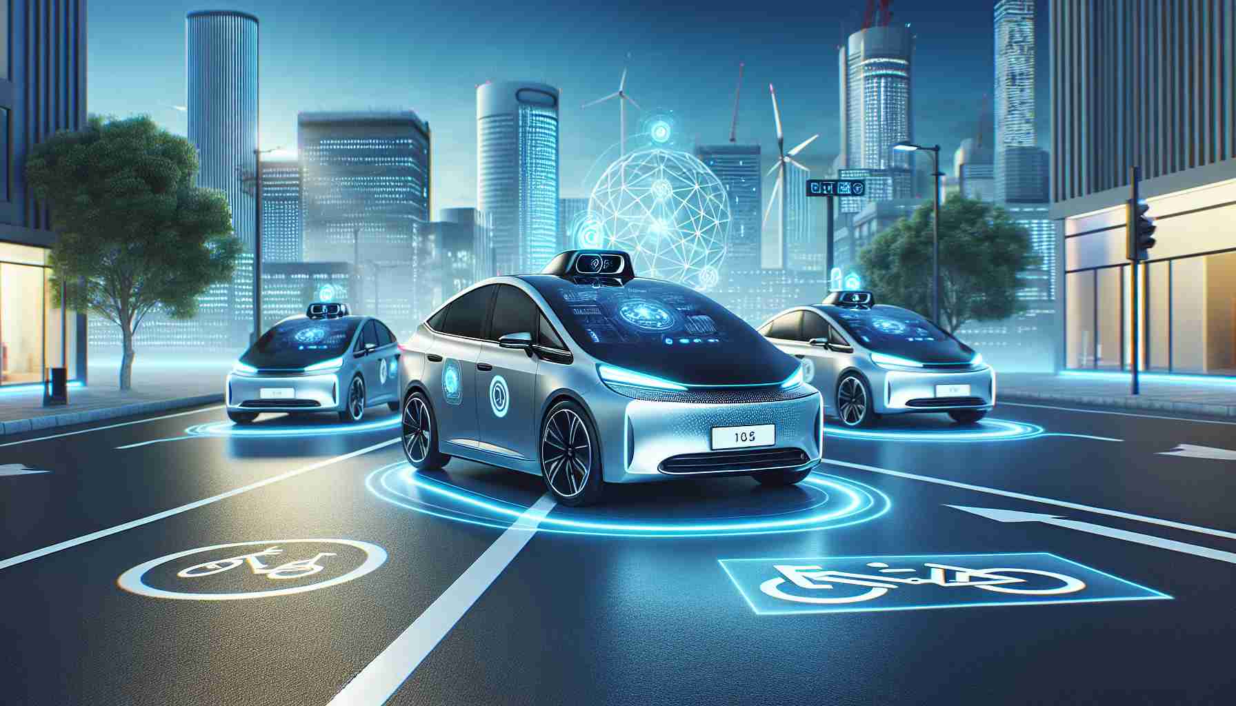 High-definition realistic image illustrating a cutting-edge initiative by a renowned electric vehicle manufacturer featuring their introduction of an autonomous taxi service. This showcase includes sleek electric vehicles equipped with state-of-the-art self-driving technology, navigating through urban streets, complete with digital displays signifying their autonomous status.