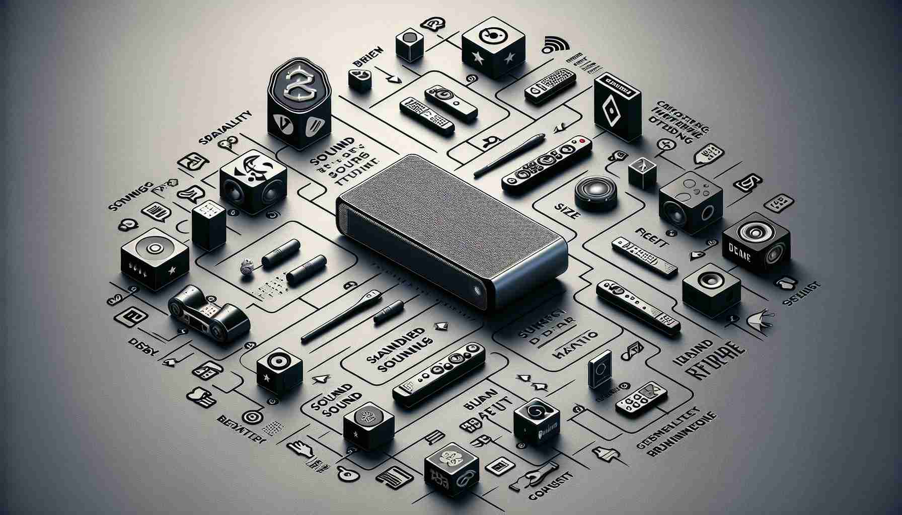 An HD image of a list titled 'Key Factors to Consider When Purchasing a Soundbar'. The list consists of multiple points such as sound quality, price, size, design, brand reputation, features like surround sound and Dolby Atmos, connectivity options like Bluetooth or Wi-Fi, user reviews, and ease of setup. The visual representation should be intuitive, perhaps with images or symbols next to each point for greater clarity. Make it look as visually engaging and informative as possible, using a modern, sleek design.