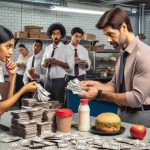 A high-definition and realistic image trafficking the misuse of employee meal vouchers. The scene narrates an office environment where a Caucasian male employee is handing over excess meal vouchers to a South Asian female food vendor who looks surprised. There is a look of guilt on the man's face and numerous vouchers scattered on the countertop. To establish the context, the background portrays a bustling cafeteria teeming with a mix of Middle-Eastern, Hispanic, and Black employees enjoying their meal time.