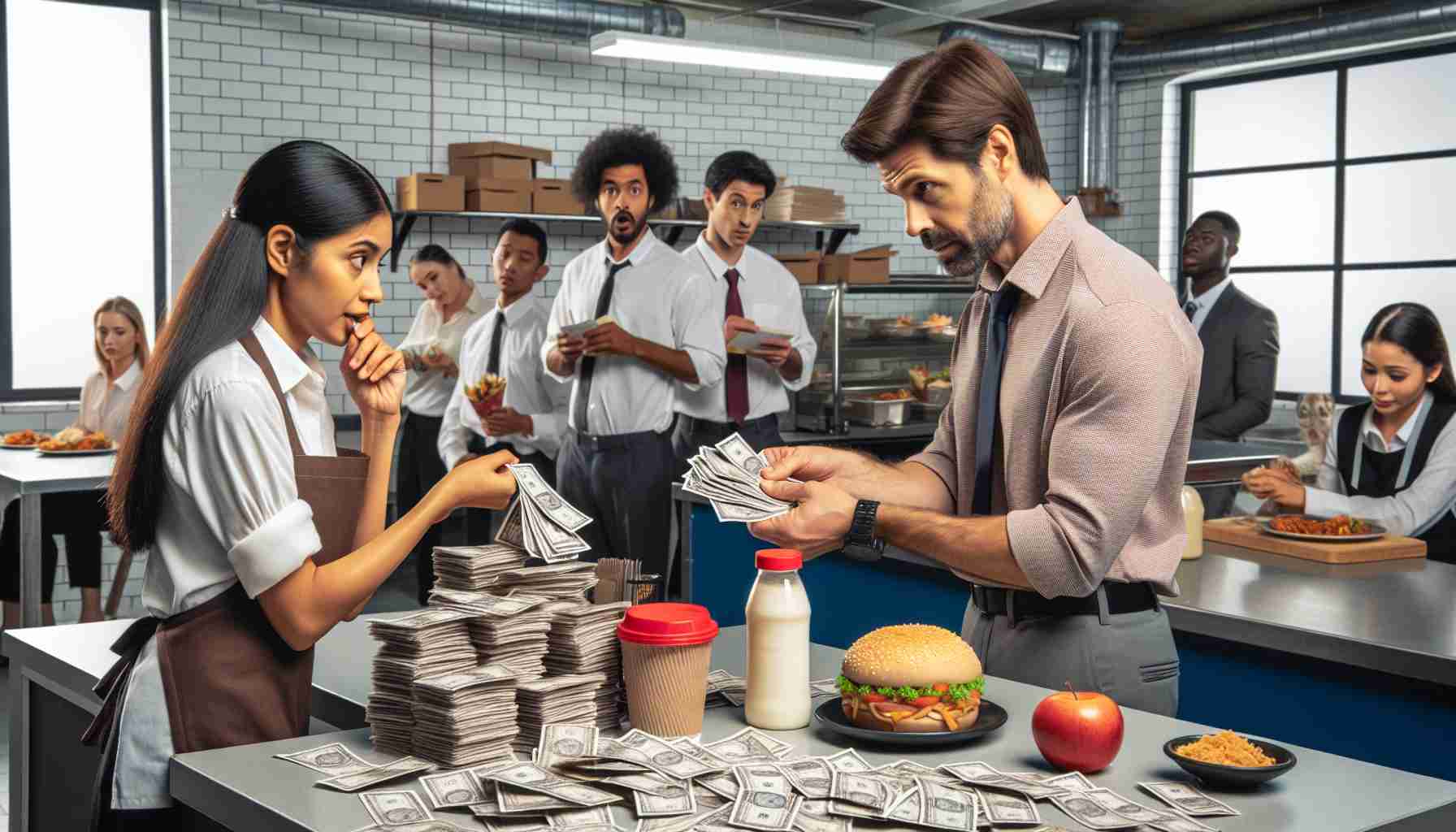 A high-definition and realistic image trafficking the misuse of employee meal vouchers. The scene narrates an office environment where a Caucasian male employee is handing over excess meal vouchers to a South Asian female food vendor who looks surprised. There is a look of guilt on the man's face and numerous vouchers scattered on the countertop. To establish the context, the background portrays a bustling cafeteria teeming with a mix of Middle-Eastern, Hispanic, and Black employees enjoying their meal time.