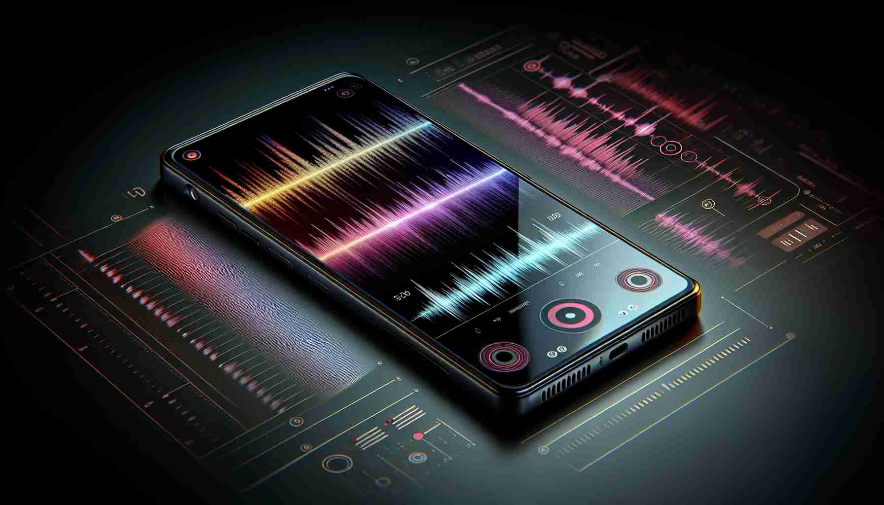 Generate a realistic, high-definition image of a modern, premium smartphone with audio anomalies. The phone should be sleek, incorporating distinguishing design characteristics such as an extensive screen covering most of the front, multiple rear-facing camera lenses and metallic contours. Analogously display hints of the audio anomalies, such as waveform graphs showing irregular patterns and symbols implying sound distortion or garbled audio.