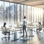 Generate a realistic, high-definition image illustrating the benefits of standing desks for modern workspaces. This could include an airy, spacious office featuring natural light. The office is equipped with ergonomic standing desks to encourage good posture and productivity. Also, a figure of an Asian male worker and a Middle-Eastern female worker can be seen making use of these desks. The image should also ideally include some infographic elements or annotations to highlight the benefits, such as improved posture, increased energy, and better focus.