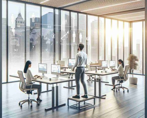 Generate a realistic, high-definition image illustrating the benefits of standing desks for modern workspaces. This could include an airy, spacious office featuring natural light. The office is equipped with ergonomic standing desks to encourage good posture and productivity. Also, a figure of an Asian male worker and a Middle-Eastern female worker can be seen making use of these desks. The image should also ideally include some infographic elements or annotations to highlight the benefits, such as improved posture, increased energy, and better focus.