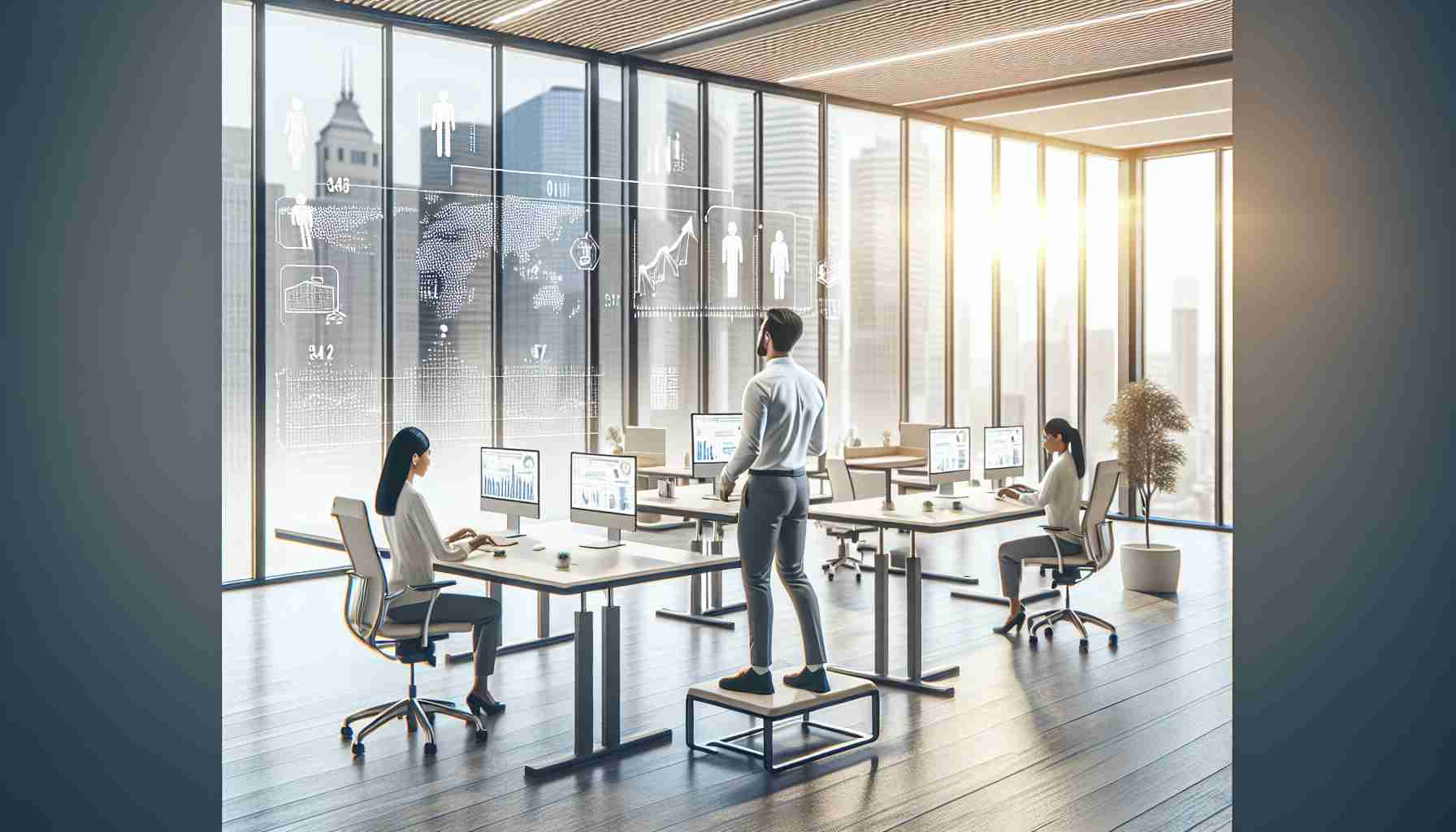 Generate a realistic, high-definition image illustrating the benefits of standing desks for modern workspaces. This could include an airy, spacious office featuring natural light. The office is equipped with ergonomic standing desks to encourage good posture and productivity. Also, a figure of an Asian male worker and a Middle-Eastern female worker can be seen making use of these desks. The image should also ideally include some infographic elements or annotations to highlight the benefits, such as improved posture, increased energy, and better focus.