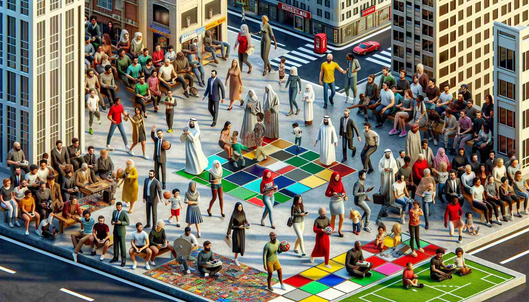 Generate a high-definition, realistic image that visually represents the intersection of games and society. This image should ideally depict a variety of people from different descents, such as Caucasian, Hispanic, South Asian, Middle-Eastern, Black and White equally participating in both traditional and digital games with signs of societal context, such as urban settings, recognizable cultural elements, societal norms being reflected in the game play. It can also include game-related artifacts like consoles, game pieces, screens, game avatars, etc.