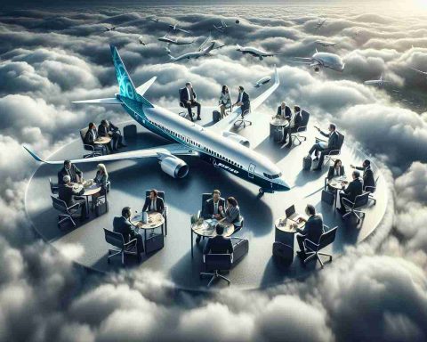 Striking high-resolution image showcasing a Boeing aircraft amid cloudy skies. Compassionate individuals in recognized leadership roles work together, navigating a period of transition within the company. They are collectively brainstorming, engaged in crucial conversations, and making difficult decisions. The scene speaks volumes about perseverance, resilience, and adaptive change in the face of business complexities.