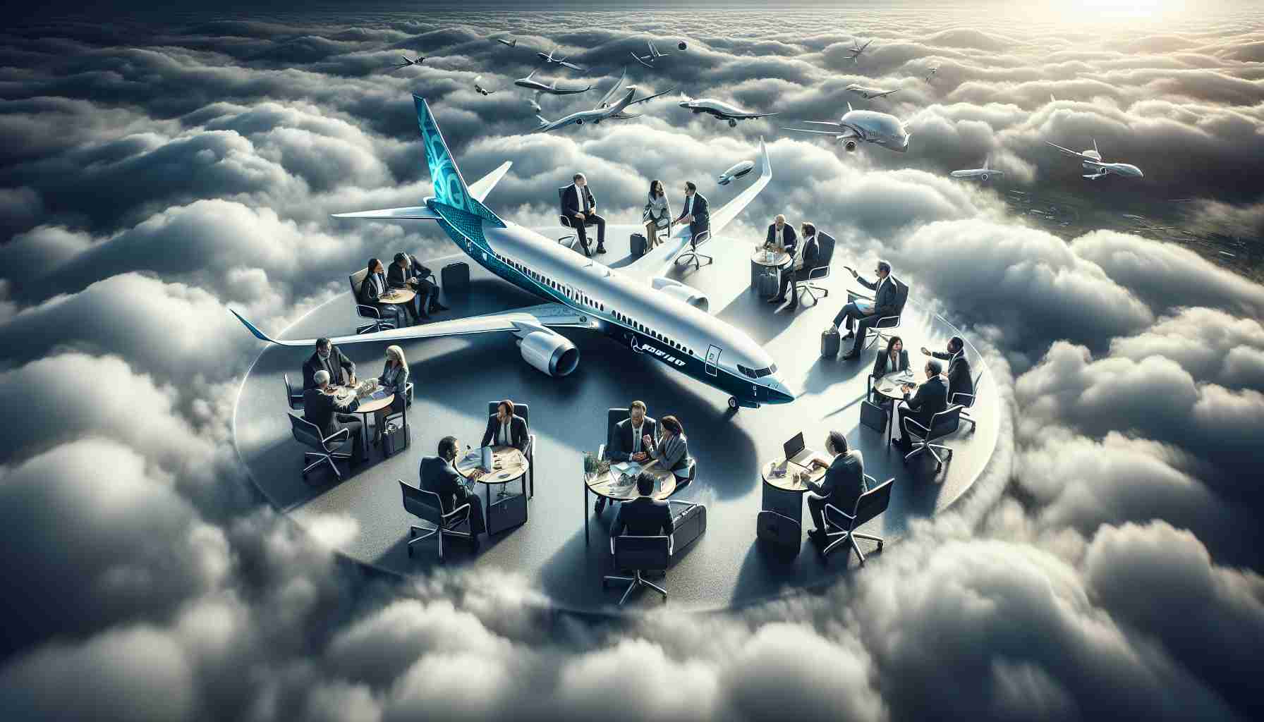 Striking high-resolution image showcasing a Boeing aircraft amid cloudy skies. Compassionate individuals in recognized leadership roles work together, navigating a period of transition within the company. They are collectively brainstorming, engaged in crucial conversations, and making difficult decisions. The scene speaks volumes about perseverance, resilience, and adaptive change in the face of business complexities.