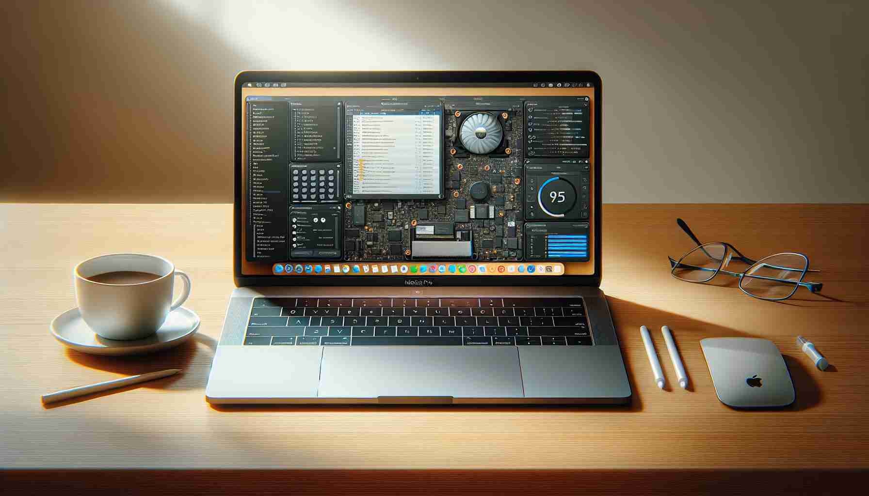 Generates a realistic high-definition image illustrating the process of resolving display issues on a silver 16-inch MacBook Pro M3 Pro with a black keyboard. It shows the MacBook open on a wooden desk, displaying a brightly lit screen with various diagnostic tools open. The environment is minimalist, with a white coffee cup to the right and a pair of glasses to the left of the laptop. Neutral natural lighting is streaming in from the left side.