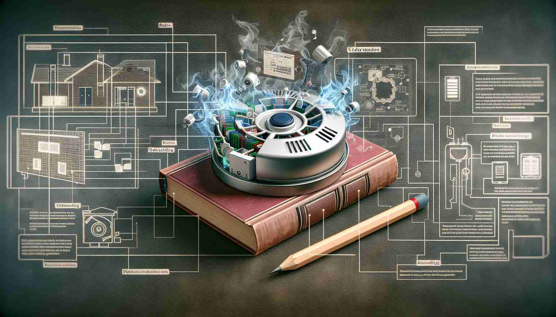 Generate a detailed and realistic HD photo representing Understanding Smoke Detection: A Practical Approach. This image should include a visual interpretation of smoke and a detector that represents the technical aspect involved in smoke detection. Additionally, have visual elements such as a book or a guide which symbolizes 'Understanding' and 'Practical Approach'. To add depth to the understanding aspect, include labeled diagrams in the background displaying the inner workings of a smoke detector.