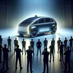 A realistic, high-definition image showcasing the unveiling of an innovative, autonomous taxi prototype designed by a leading electric car company. Capture the suspense and anticipation of the scene as the sleek, modern silhouette of the self-driving taxi is revealed. Ensure the futuristic vehicle is the main focus, surrounded by technology enthusiasts, engineers, and corporate executives.