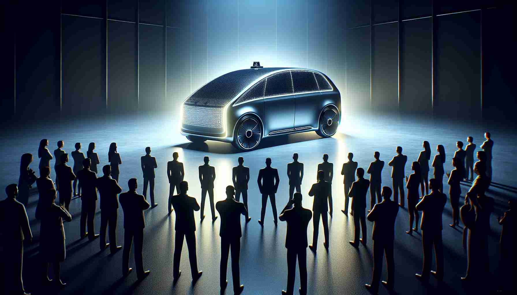 A realistic, high-definition image showcasing the unveiling of an innovative, autonomous taxi prototype designed by a leading electric car company. Capture the suspense and anticipation of the scene as the sleek, modern silhouette of the self-driving taxi is revealed. Ensure the futuristic vehicle is the main focus, surrounded by technology enthusiasts, engineers, and corporate executives.