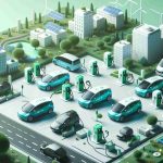 Create a detailed image showcasing the concept of electric vehicle services expanding. Show several electric cars with the distinctive Uber branding on them, scattered across a cityscape. Several charging stations should be visible, with green landscapes nearby, signifying sustainable initiatives. Also, include miniature solar panels on top of nearby buildings, indicating the use of renewable energy sources. The overall scene should communicate the idea of a 'Green City', where transportation is sustainable and environmentally friendly. The visuals should be HD, with clear focus on the electric cars, the charging stations, and the sustainable city backdrop.