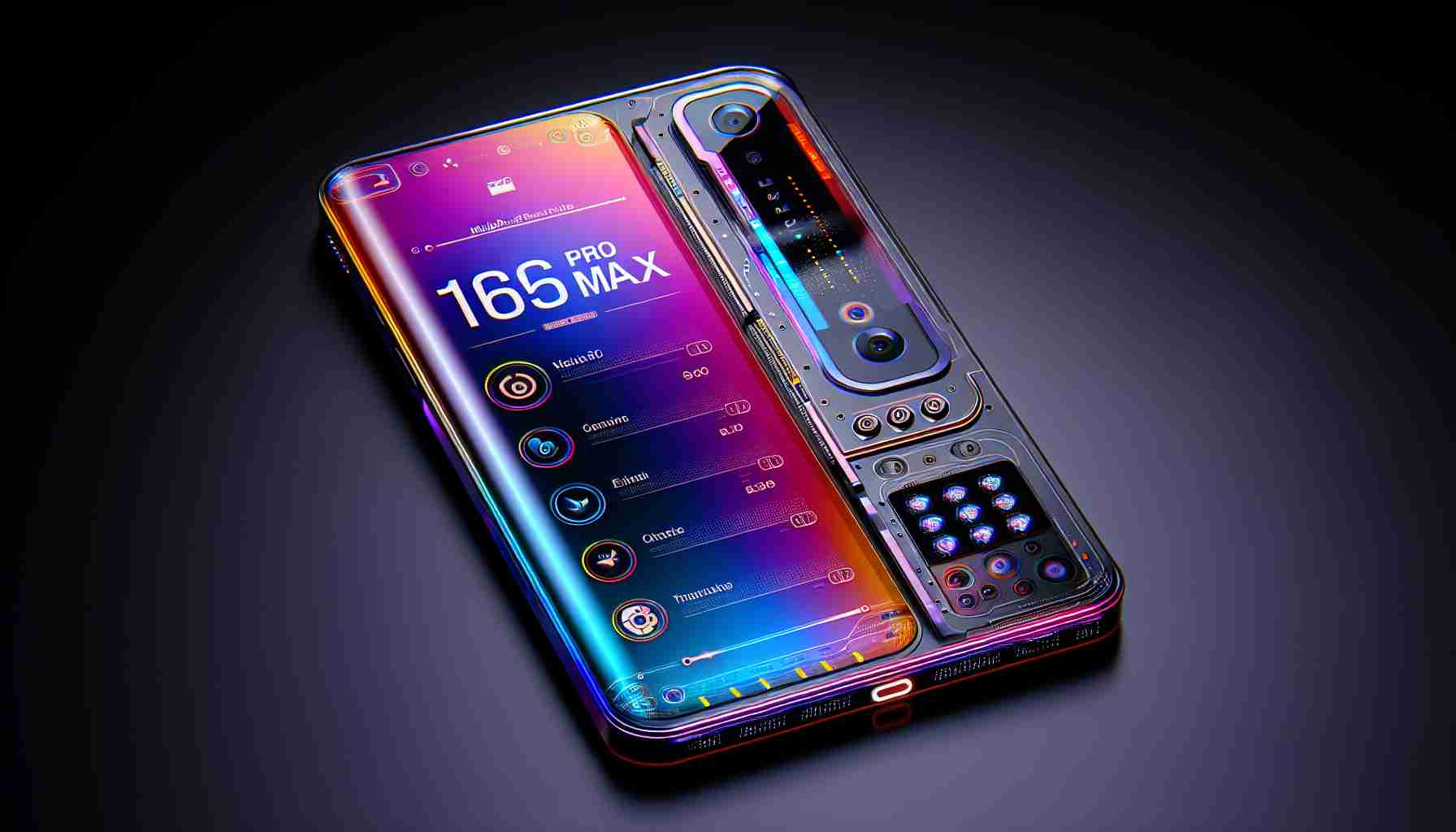 Image of a hypothetical future smartphone, labelled as 'Mobile Device 16 Pro Max', showcasing its cutting-edge design and advanced features, symbolizing a new benchmark in mobile technology. The design includes a large, vibrantly colored display, sleek glass and metal body, and state-of-the-art camera system on the back. Please note, this is a fictitious representation and not representative of any specific brand or product real or planned.