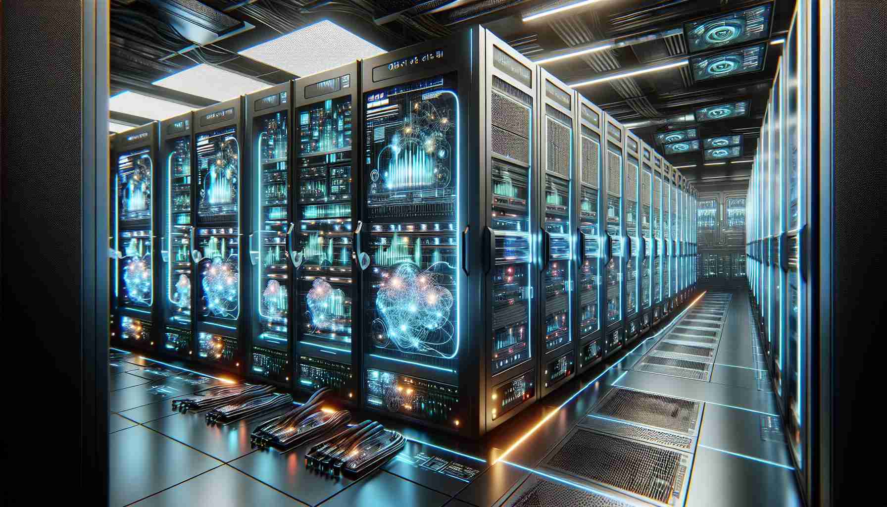 High-resolution realistic rendering of a futuristic depiction of artificial intelligence server technology in action. The image should showcase advanced, cutting-edge server machines marked by glowing lights and sleek designs, set in a carefully maintained, climate-controlled room. It looks somewhat like the control room of a revolutionary movement, with fluctuating graphs and data streams representing AI computations on several large monitors. Also, include elements that suggest a high level of efficiency and performance in the depiction, such as cooling mechanisms and high-speed network cables.