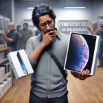 A highly detailed and realistic image of a customer in a technology store puzzling over the choice between two products: a brand new iPad Air M2, displayed in its box with its sleek design and distinguishing features, and a refurbished iPad Pro M2, also in its packaging, showing signs of being gently used but still presenting an attractive option. The customer is a middle-aged, South Asian man, wearing casual clothing and glasses, looking curious and thoughtful, holding one of the tablets in each hand for comparison.