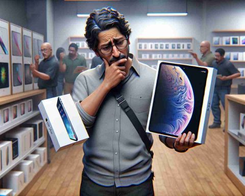 A highly detailed and realistic image of a customer in a technology store puzzling over the choice between two products: a brand new iPad Air M2, displayed in its box with its sleek design and distinguishing features, and a refurbished iPad Pro M2, also in its packaging, showing signs of being gently used but still presenting an attractive option. The customer is a middle-aged, South Asian man, wearing casual clothing and glasses, looking curious and thoughtful, holding one of the tablets in each hand for comparison.