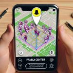 An HD photo realistically illustrating the Family Center feature on Snapchat, emphasizing its location tracking capabilities. The image should focus on the mobile application interface, showcasing a digital map with location pins and user icons. It may also feature hands holding a smartphone where this application is open, to add depth to the illustration. Please abstain from displaying specific personal data to maintain privacy.